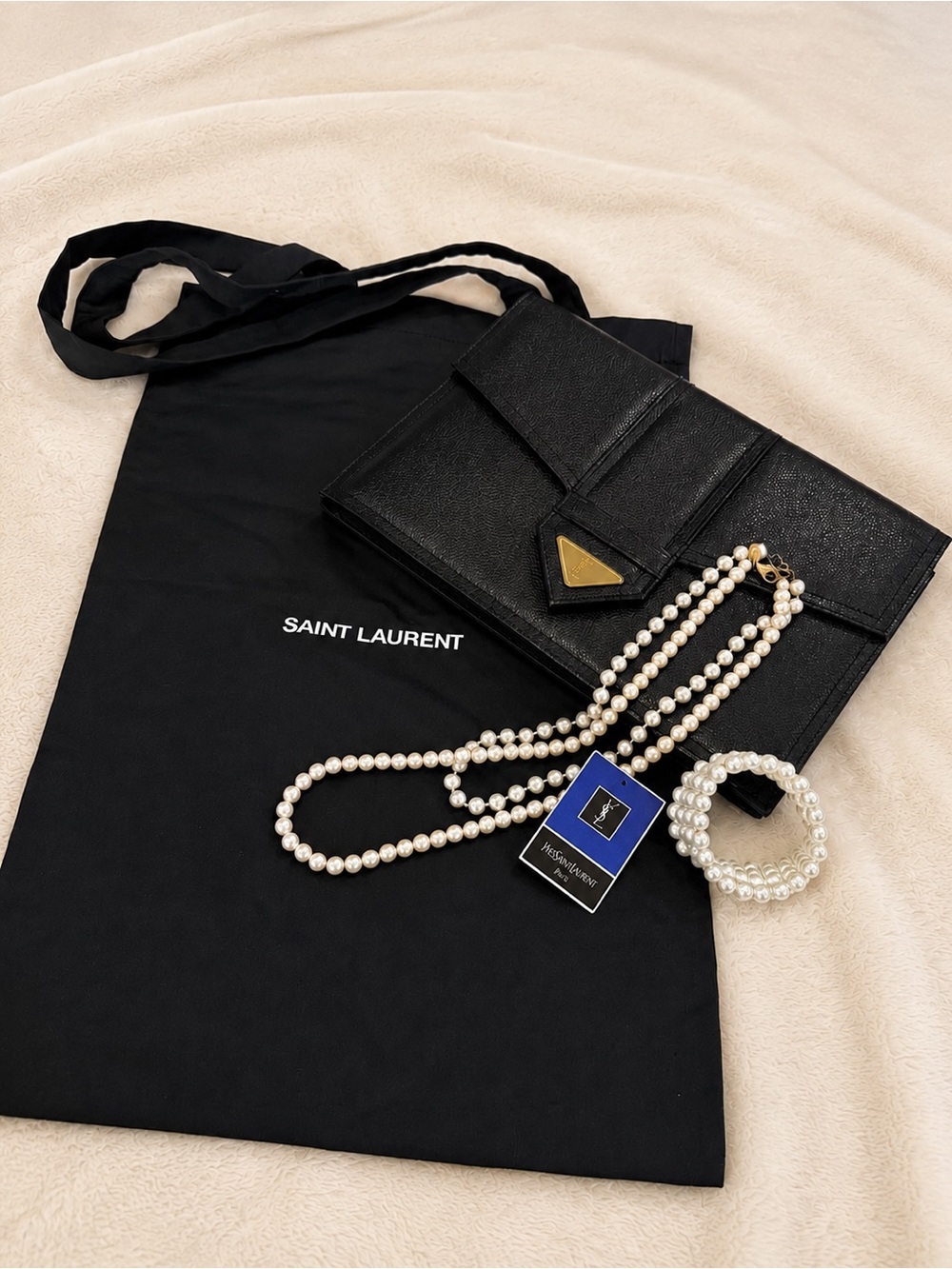 Vintage Yves Saint Laurent YSL Black Leather Envelope Clutch + Dust Bag Tote